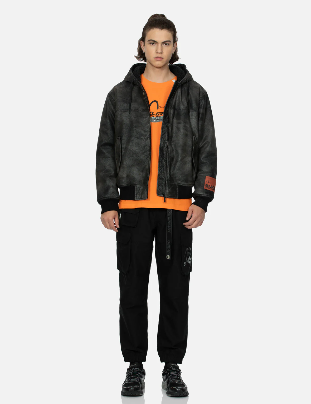 Hooded Grain Pattern Regular Fit Leather Bomber Jacket - Image 5