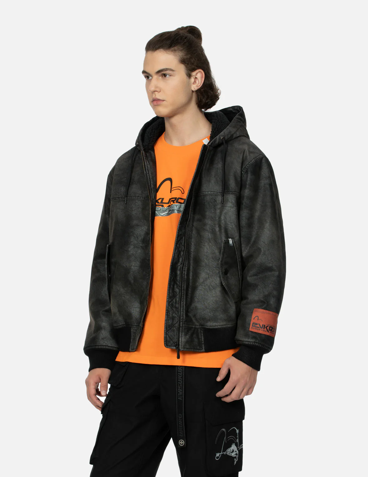 Hooded Grain Pattern Regular Fit Leather Bomber Jacket - Image 7