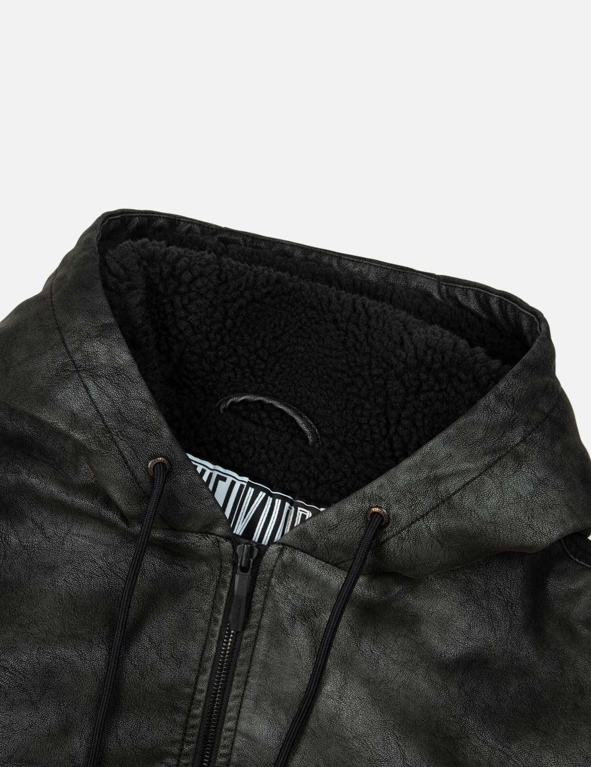Hooded Grain Pattern Regular Fit Leather Bomber Jacket - Image 9