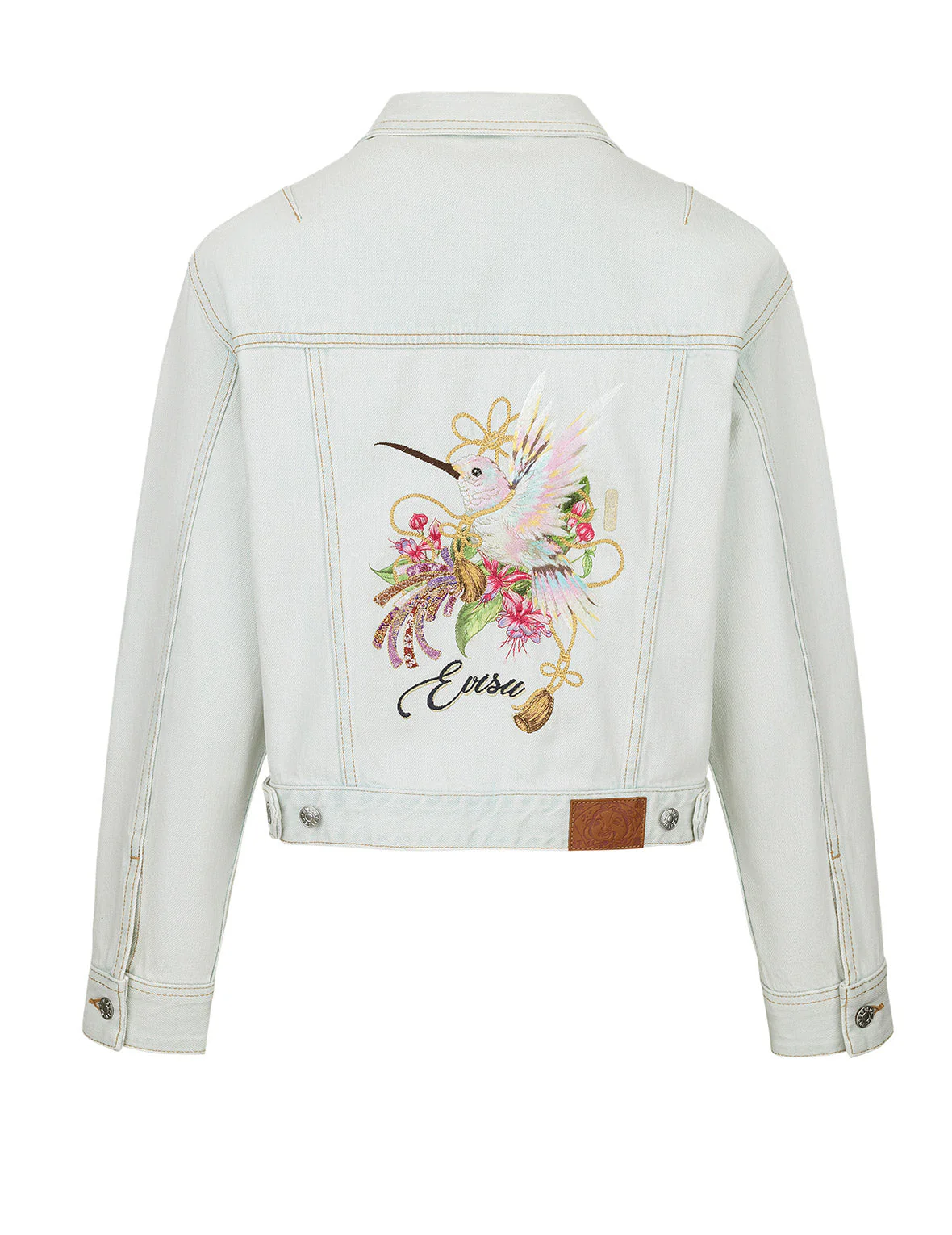 Hummingbird and Magnolia Embroidery Loose Fit Quilted Denim Jacket - Image 12