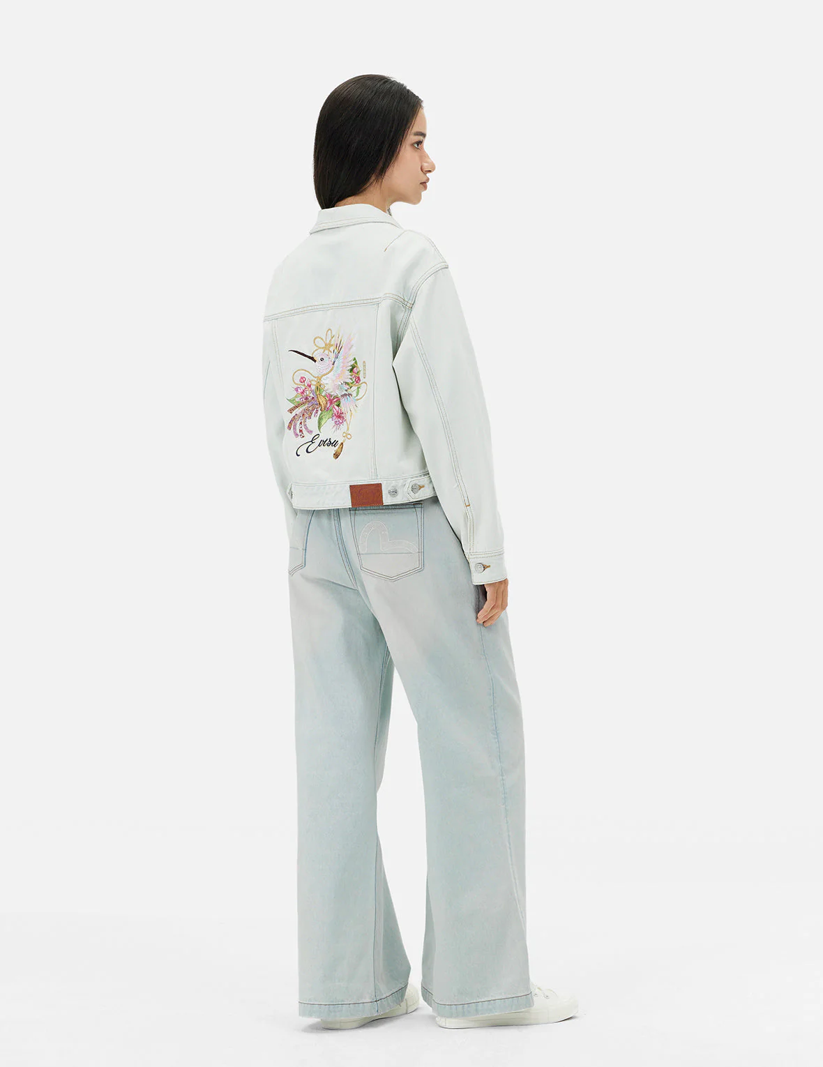 Hummingbird and Magnolia Embroidery Loose Fit Quilted Denim Jacket - Image 4
