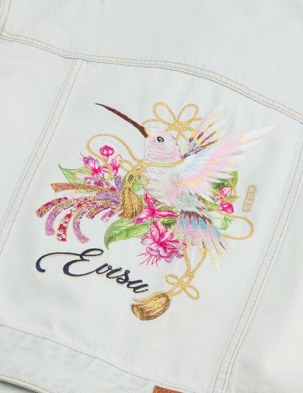 Hummingbird and Magnolia Embroidery Loose Fit Quilted Denim Jacket - Image 5