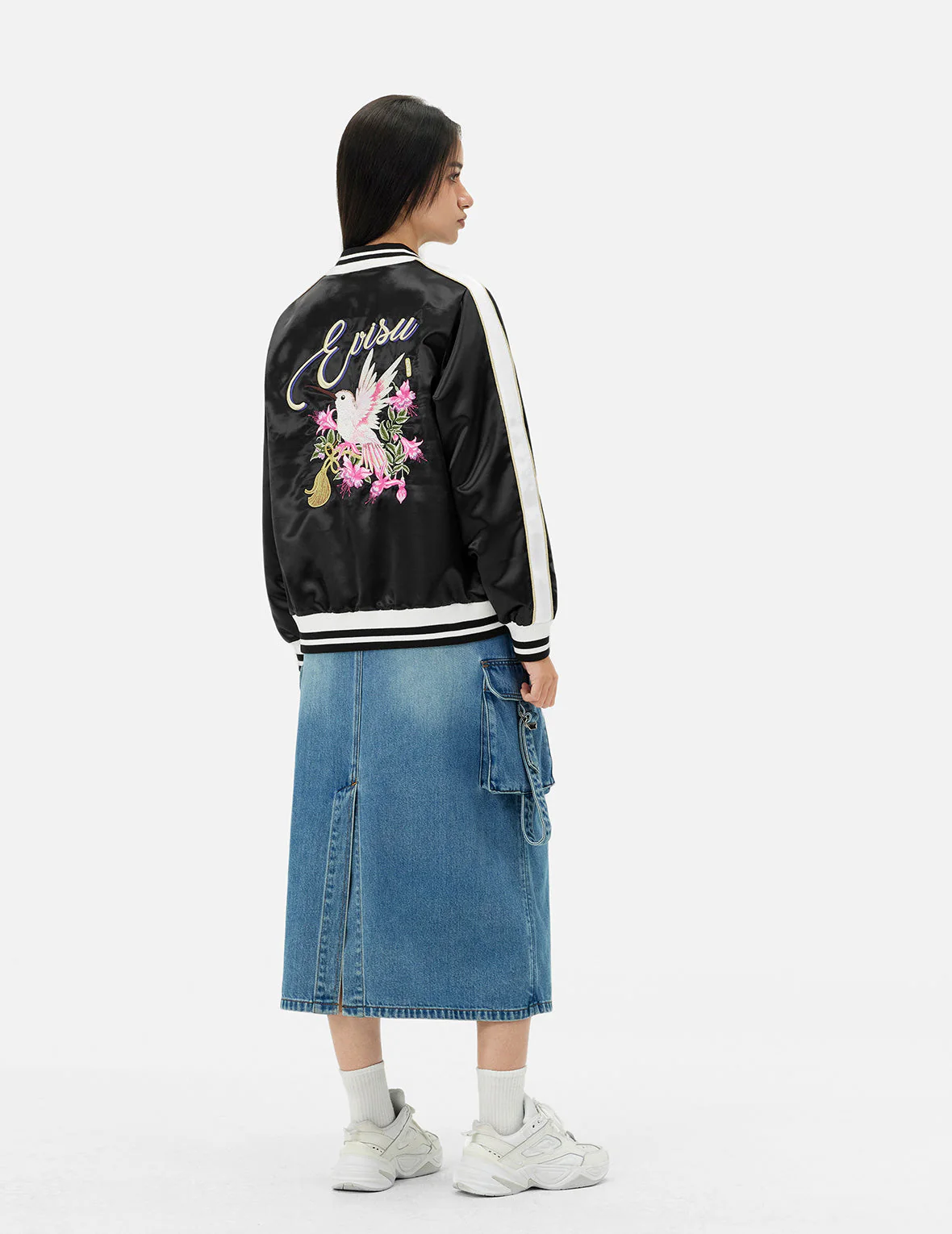 Hummingbird and Magnolia Flower Embroidery Loose Fit Souvenir Jacket - Image 4