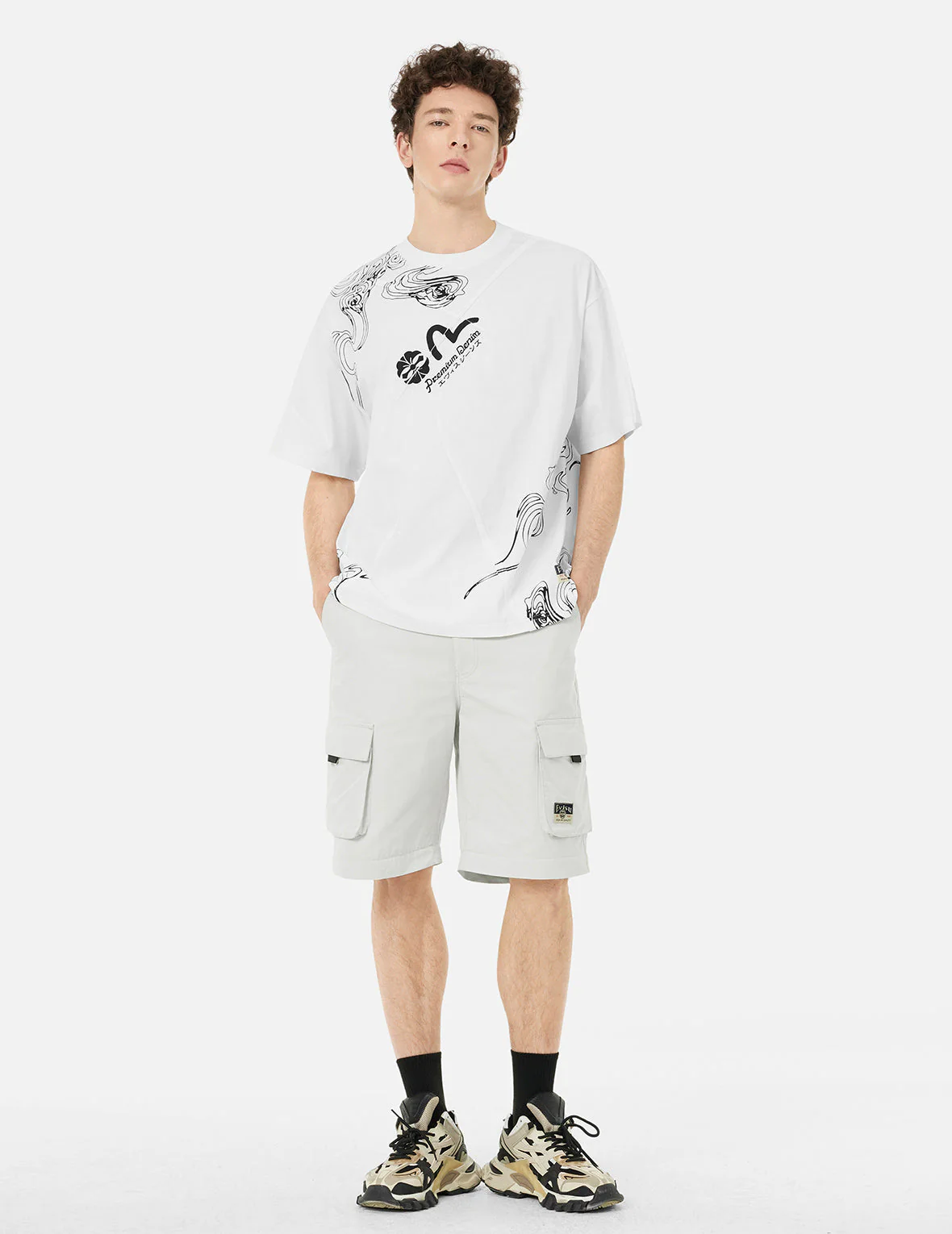 Kamon and Logo Prints Detachable Leg Panel Fashion Fit  Woven Cargo Jogger - Image 10