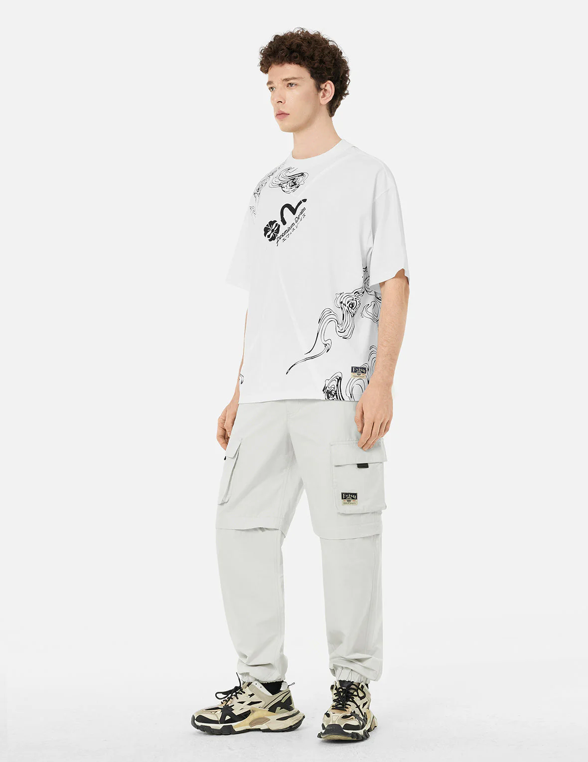Kamon and Logo Prints Detachable Leg Panel Fashion Fit  Woven Cargo Jogger - Image 6