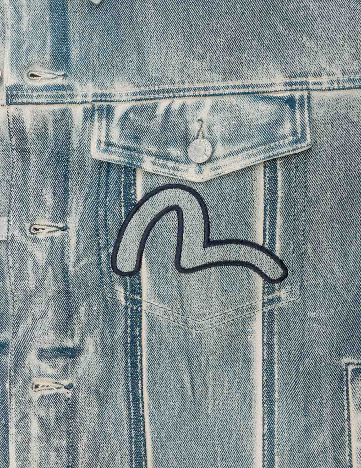 Kamon and Seagull Appliqué with Rubbing Print Fashion Fit Denim Jacket - Image 12