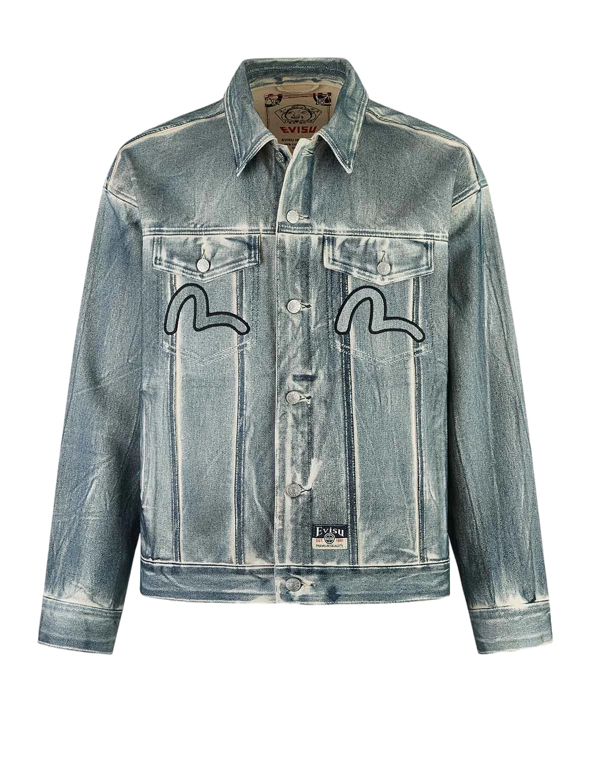 Kamon and Seagull Appliqué with Rubbing Print Fashion Fit Denim Jacket - Image 20