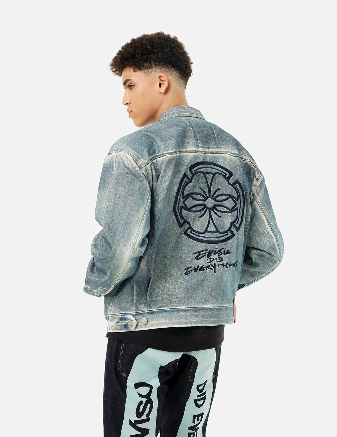 Kamon and Seagull Appliqué with Rubbing Print Fashion Fit Denim Jacket - Image 7
