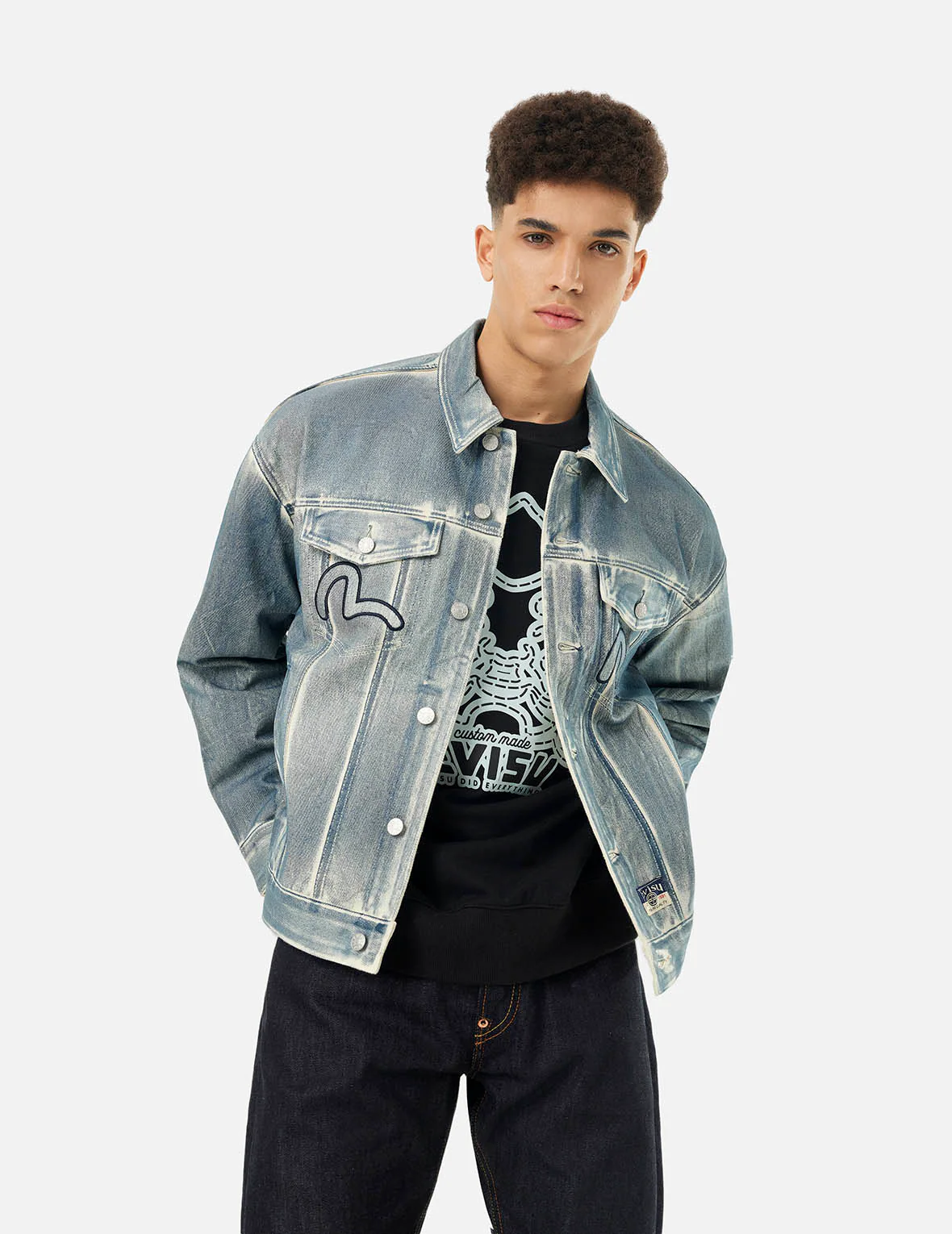 Kamon and Seagull Appliqué with Rubbing Print Fashion Fit Denim Jacket - Image 8