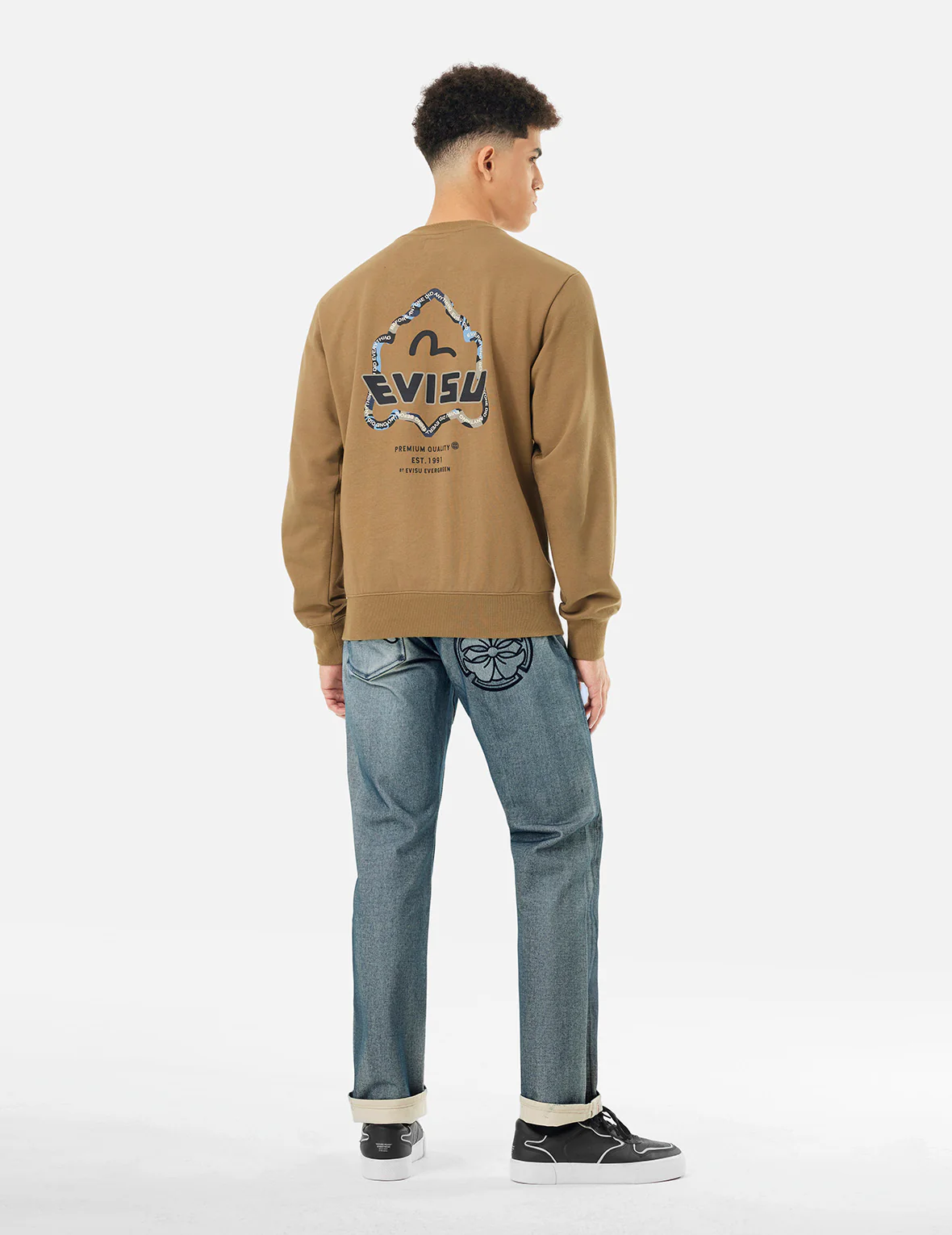 Kamon and Seagull Appliqué with Rubbing Print Regular Straight Fit Jeans #2008 - Image 3