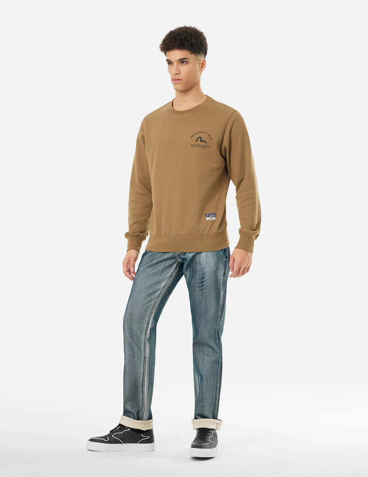 Kamon and Seagull Appliqué with Rubbing Print Regular Straight Fit Jeans #2008 - Image 4