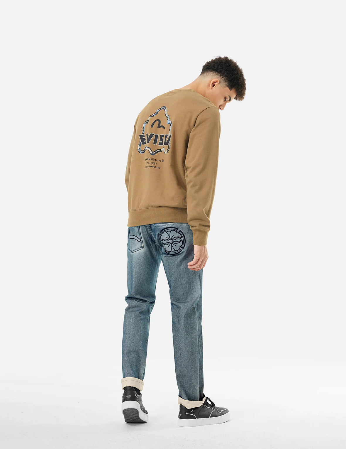 Kamon and Seagull Appliqué with Rubbing Print Regular Straight Fit Jeans #2008 - Image 5