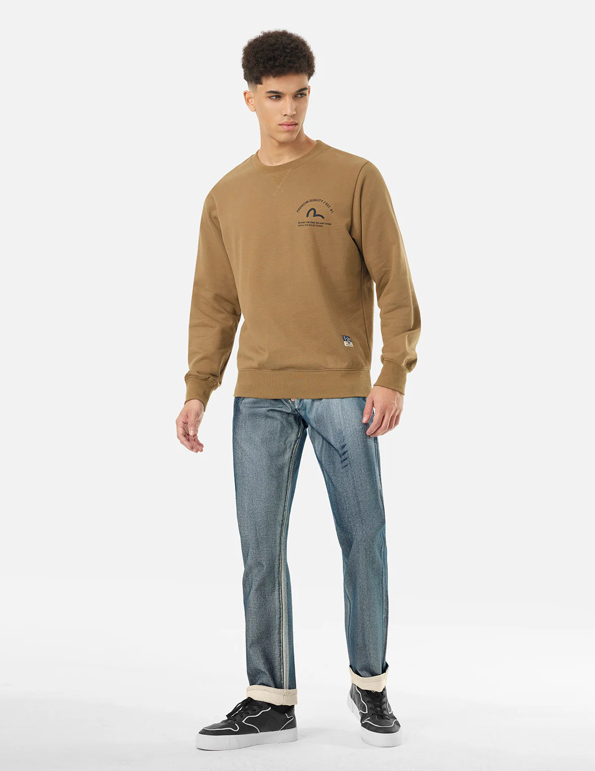 Kamon and Seagull Appliqué with Rubbing Print Regular Straight Fit Jeans #2008 - Image 6