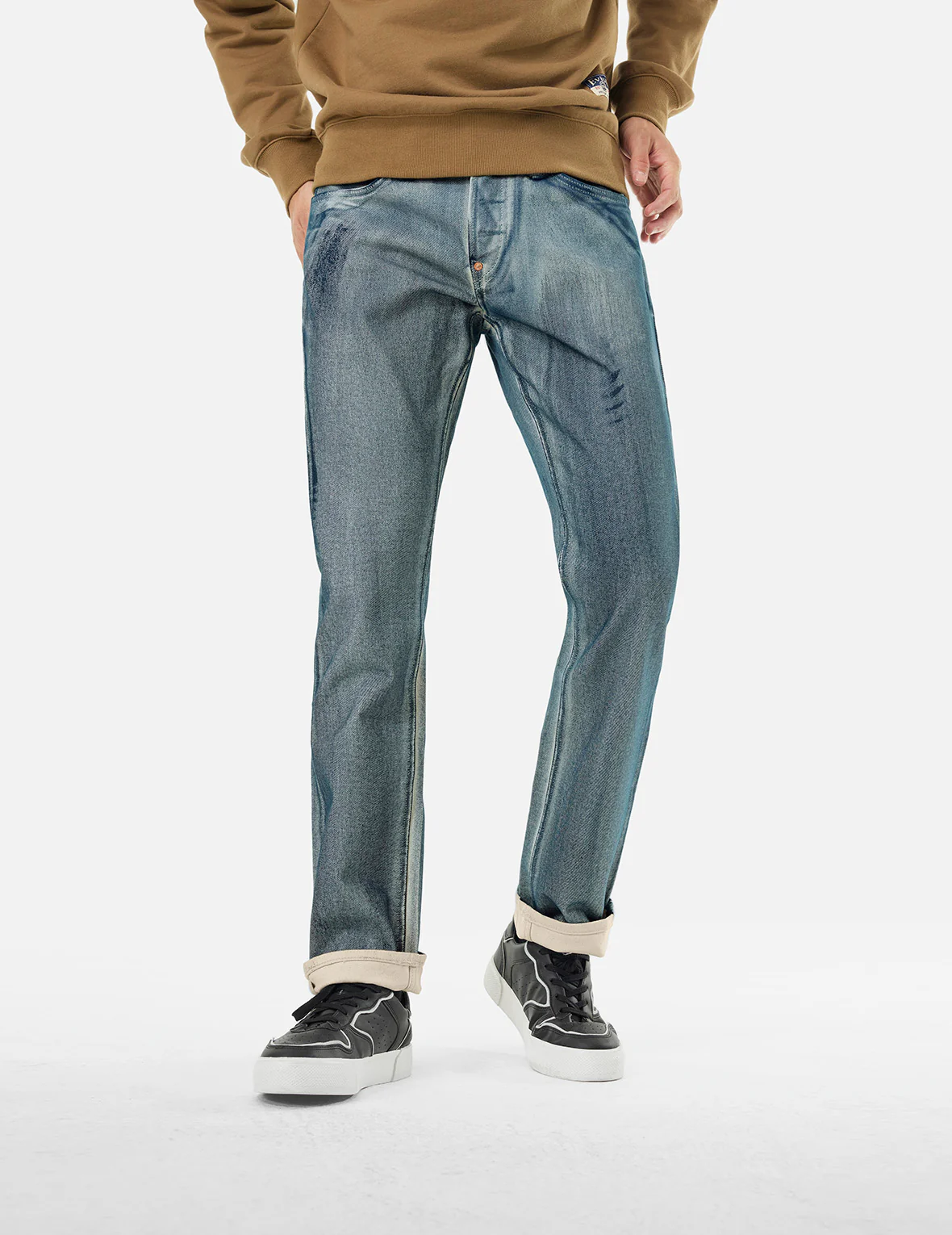 Kamon and Seagull Appliqué with Rubbing Print Regular Straight Fit Jeans #2008 - Image 7