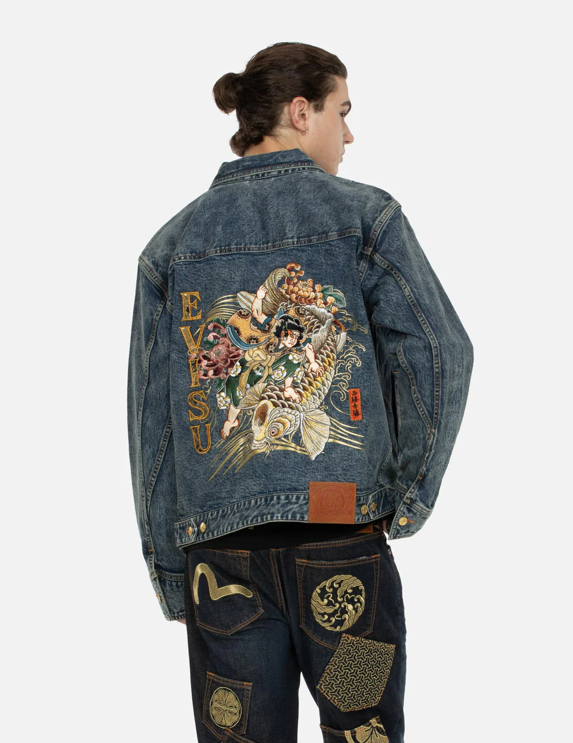 Kamon and Seagull Brocade Appliqué with Carp Embrodiery Relax Fit Denim Jacket - Image 7