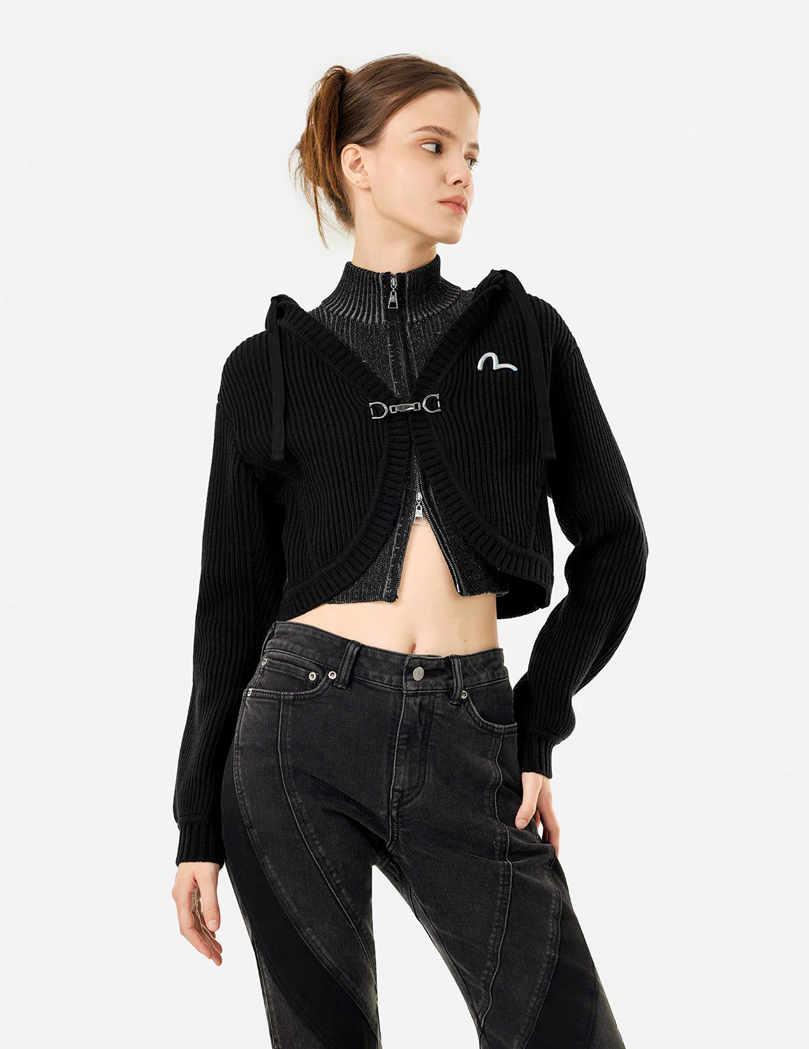 Laser Seagull Print Hooded Fashion Fit Cropped Cardigan - Image 5