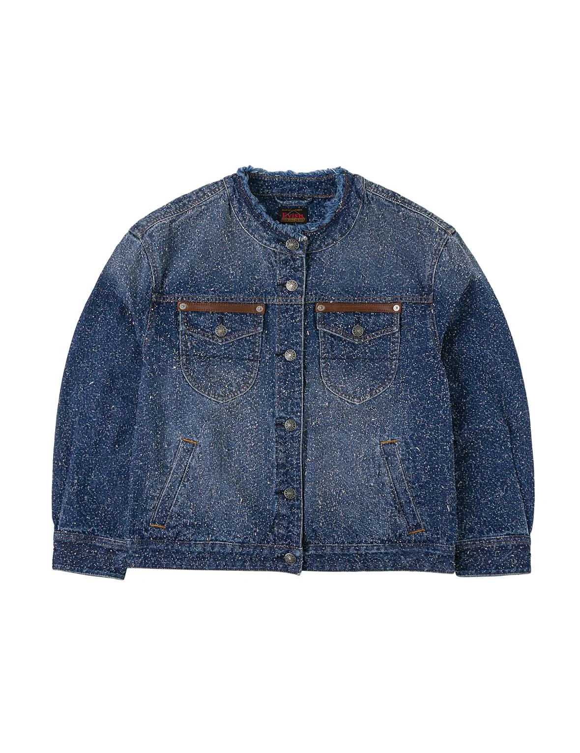 Leather Trim Fashion Fit Collarless Denim Jacket - Image 14