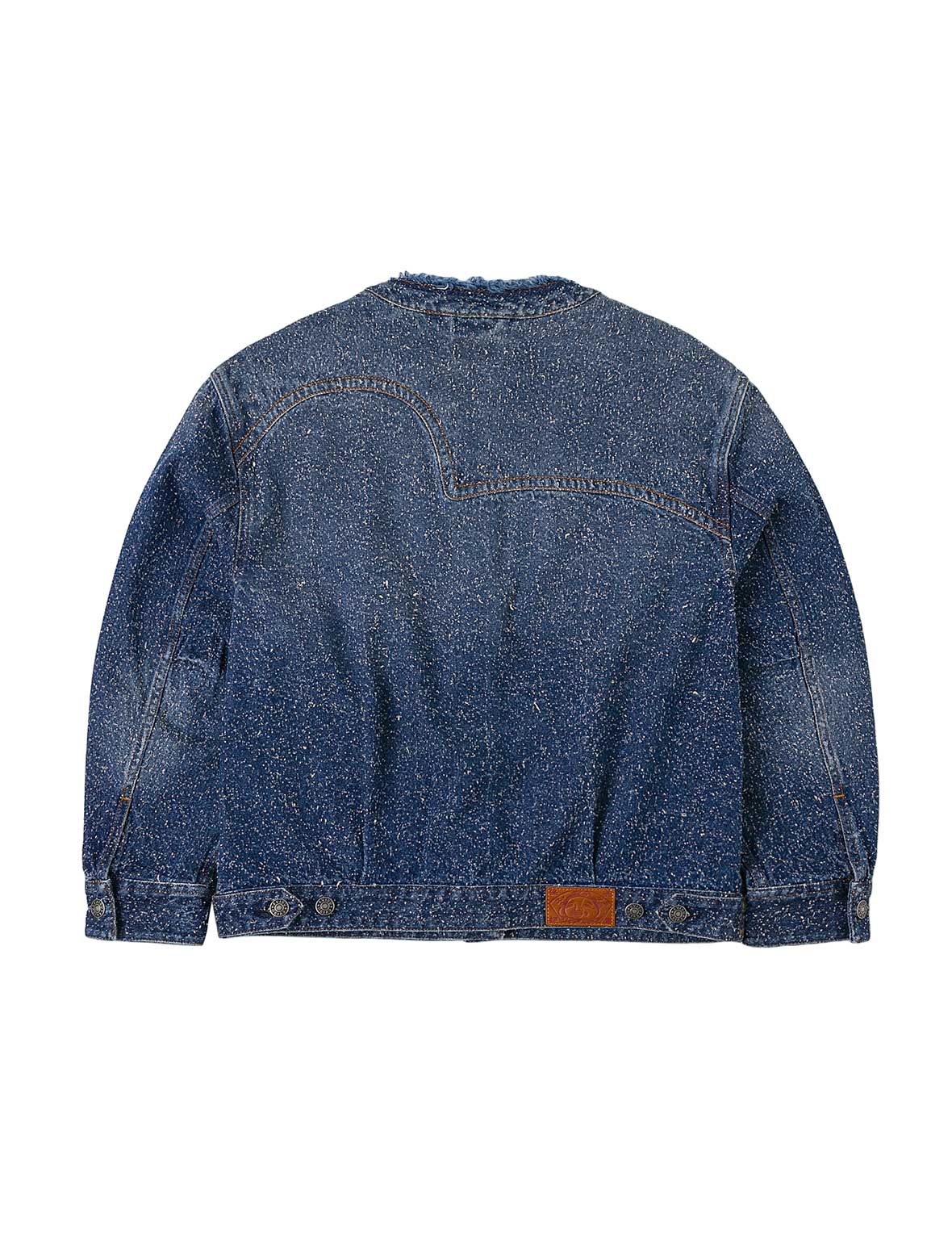 Leather Trim Fashion Fit Collarless Denim Jacket - Image 2