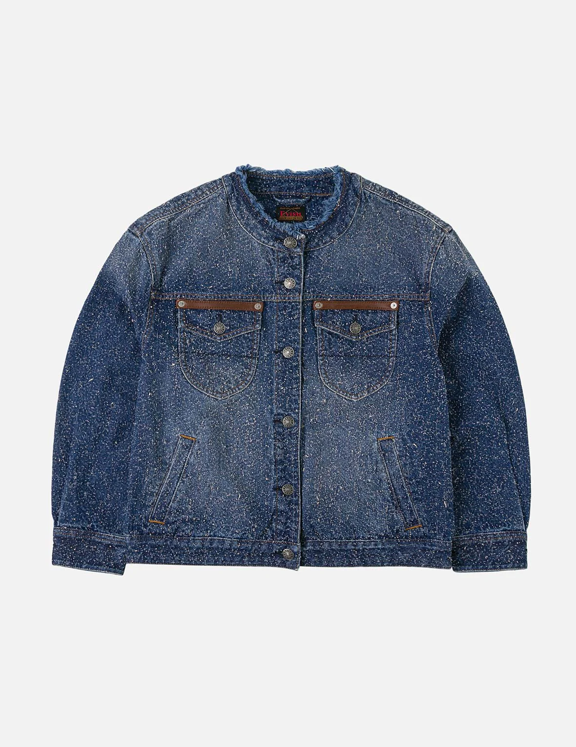Leather Trim Fashion Fit Collarless Denim Jacket - Image 3