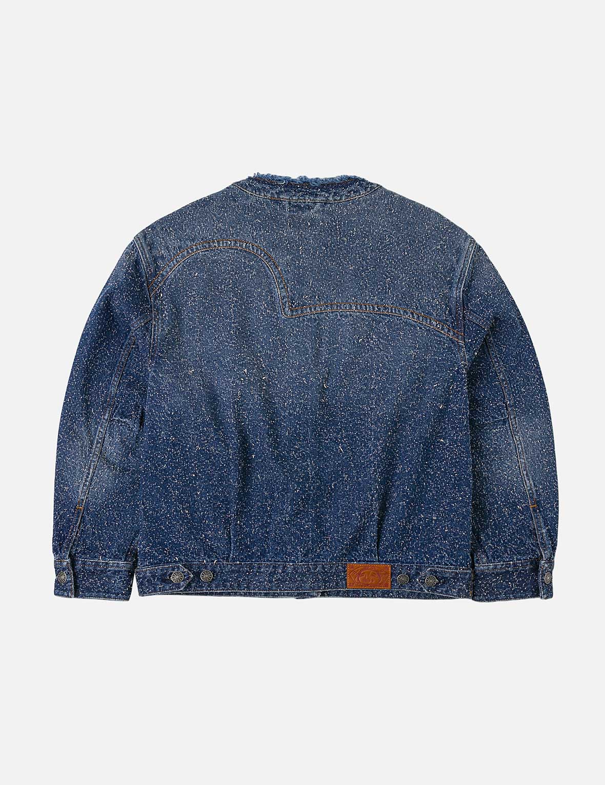 Leather Trim Fashion Fit Collarless Denim Jacket - Image 4