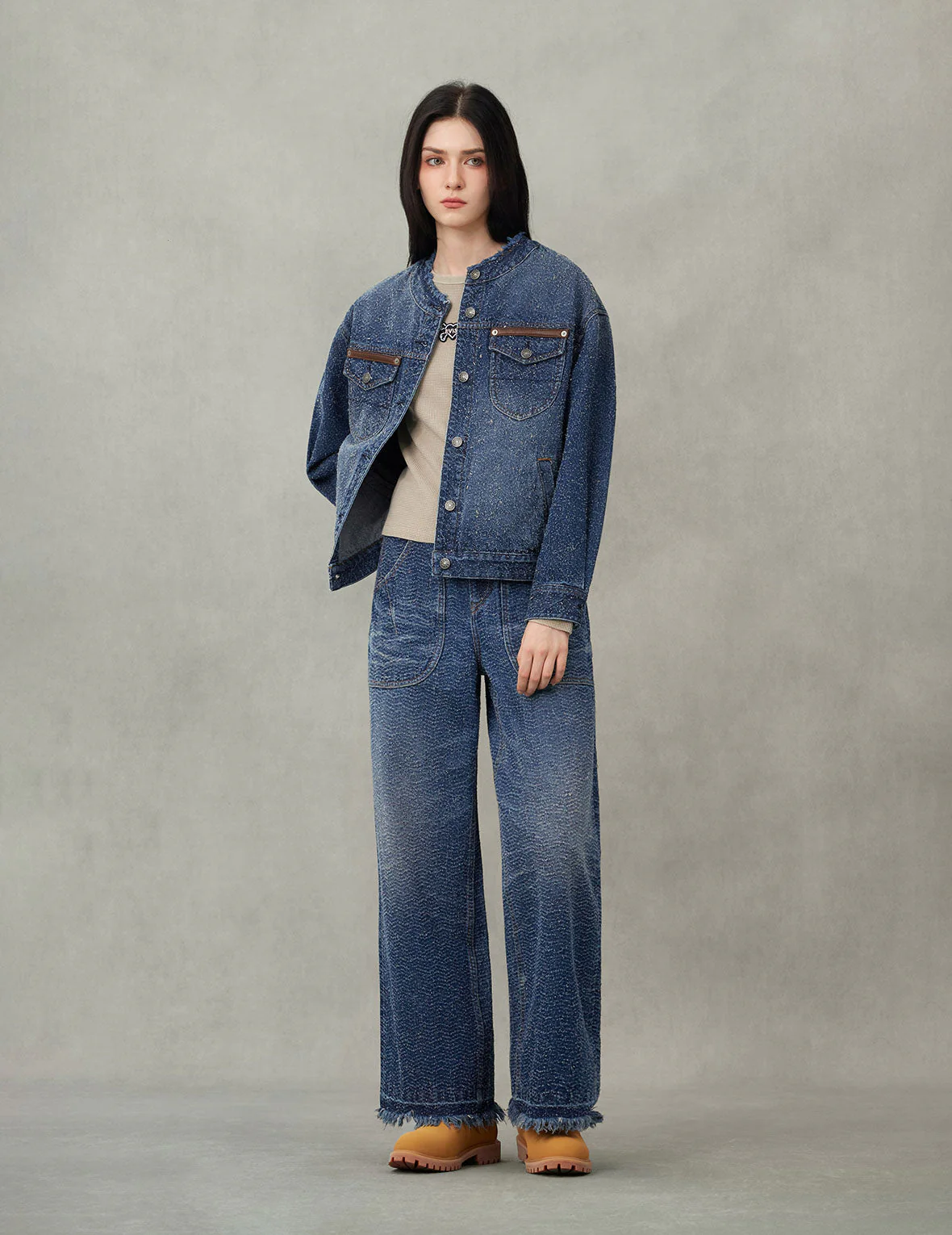 Leather Trim Fashion Fit Collarless Denim Jacket - Image 5