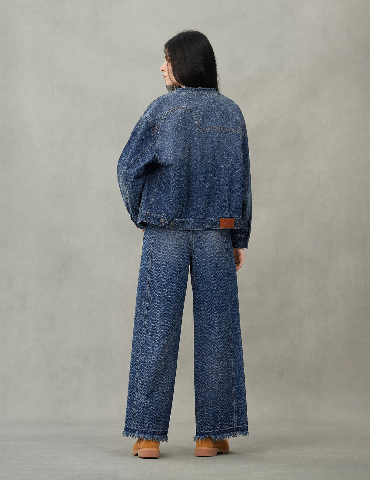 Leather Trim Fashion Fit Collarless Denim Jacket - Image 6
