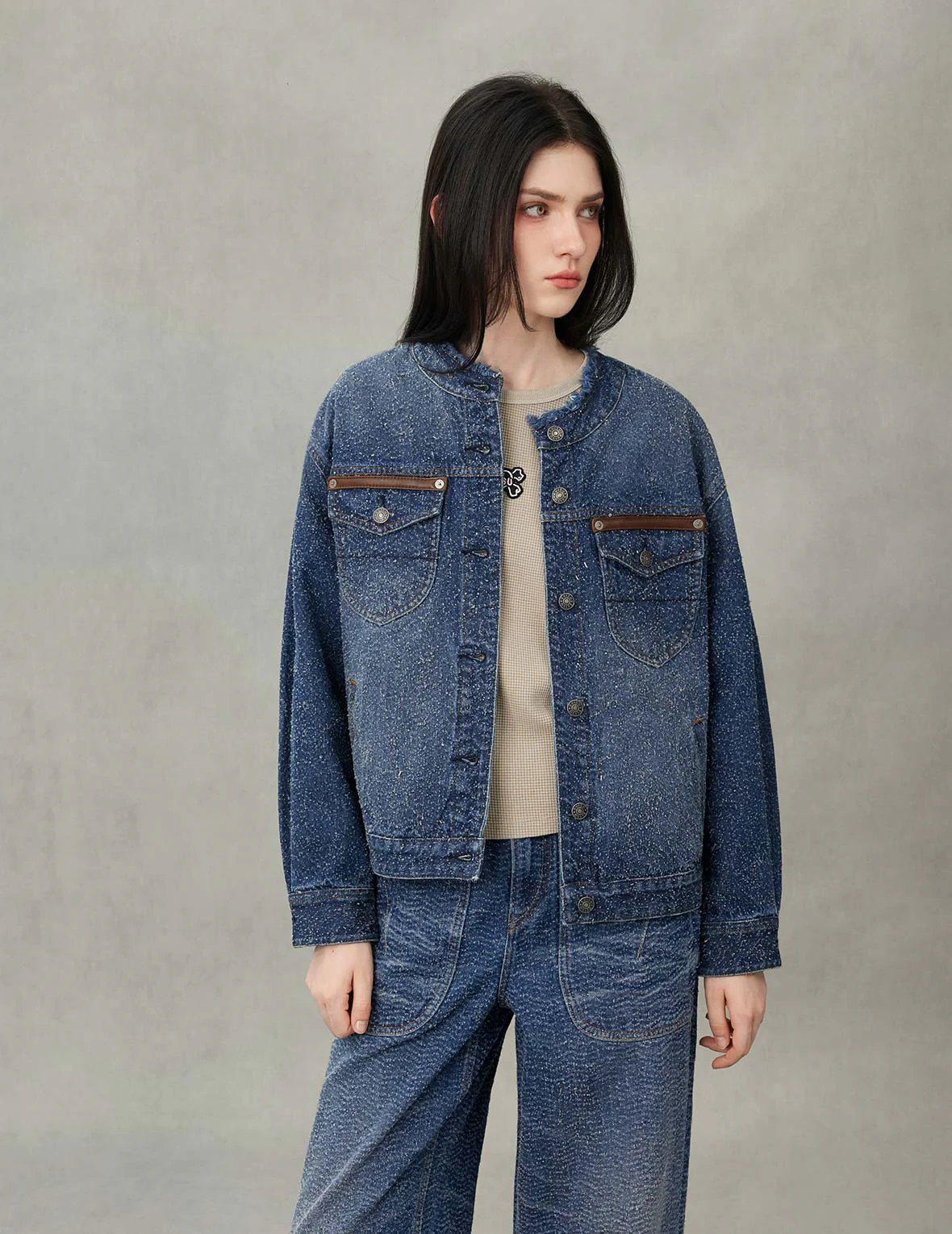 Leather Trim Fashion Fit Collarless Denim Jacket - Image 7