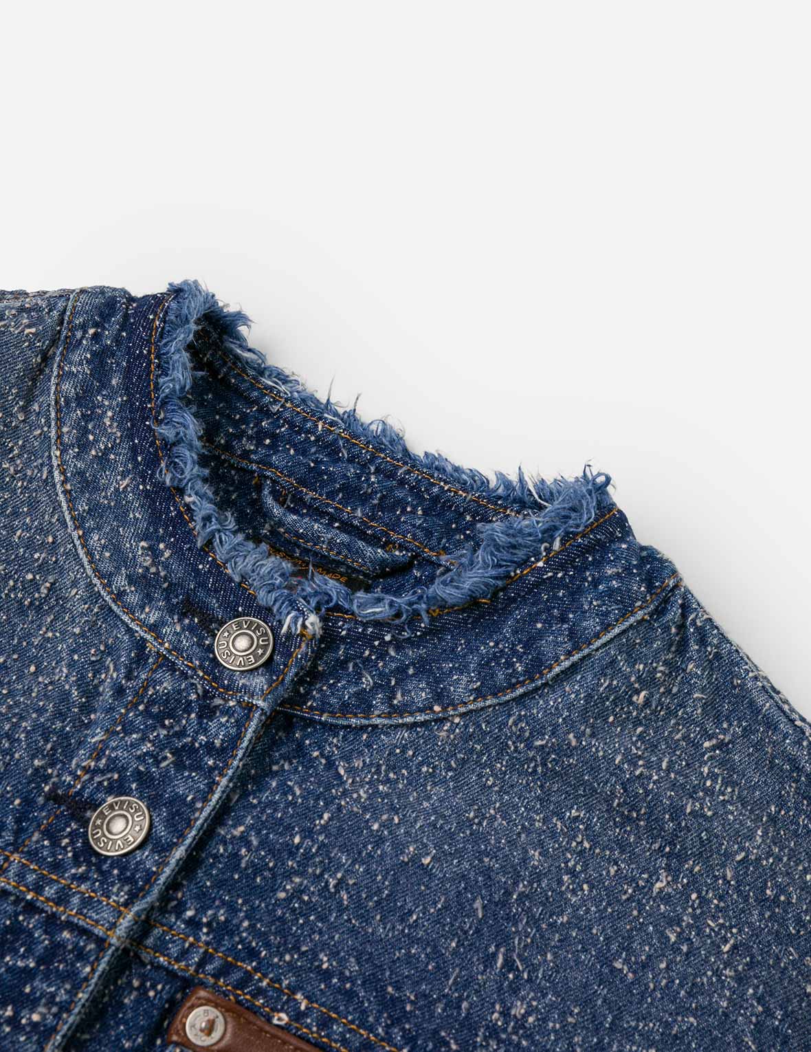 Leather Trim Fashion Fit Collarless Denim Jacket - Image 9