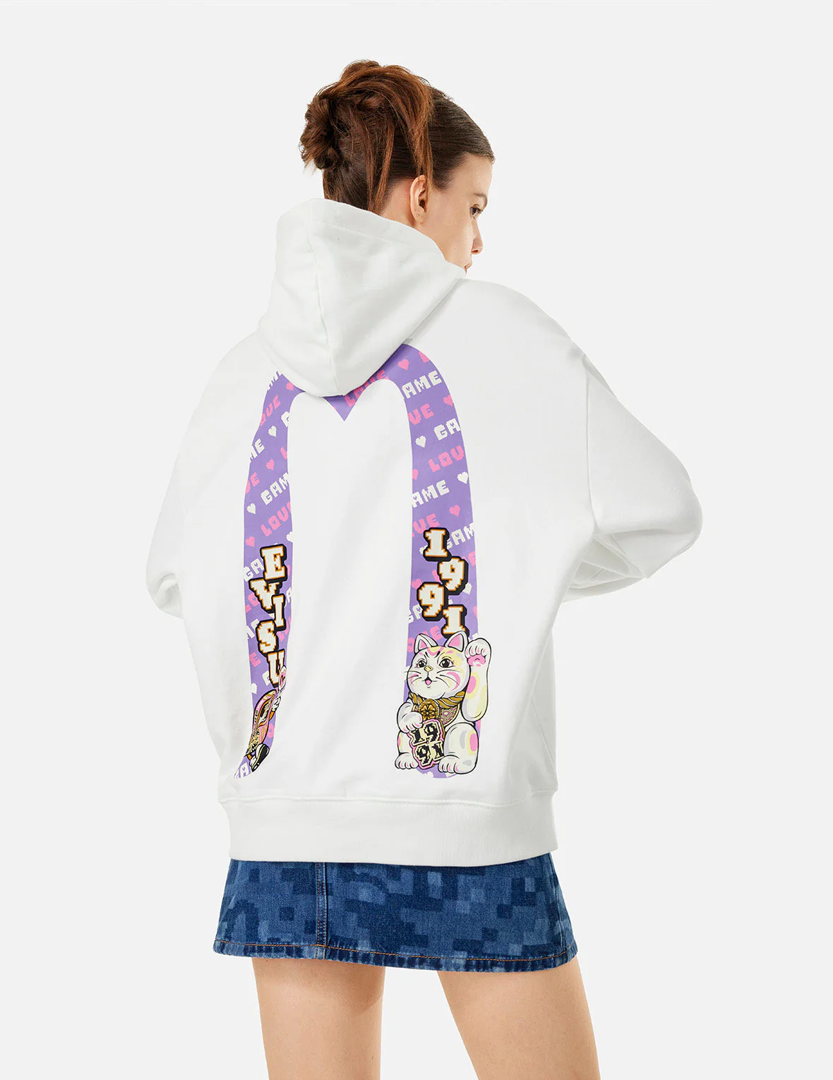 Logo and Fortune Cat Daicock Print Oversized Hoodie - Image 5