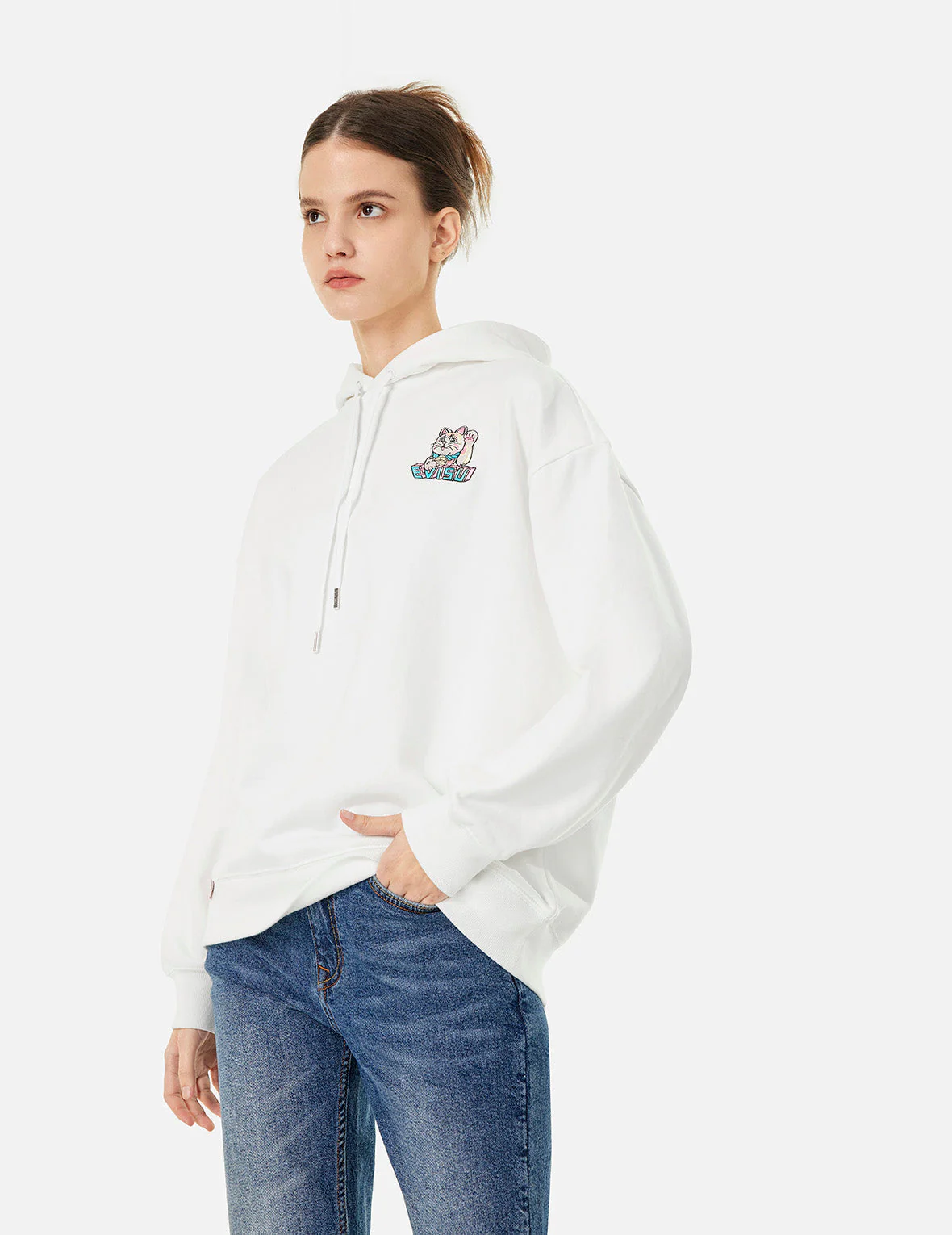 Logo and Fortune Cat Embroidery Oversized Hoodie - Image 5