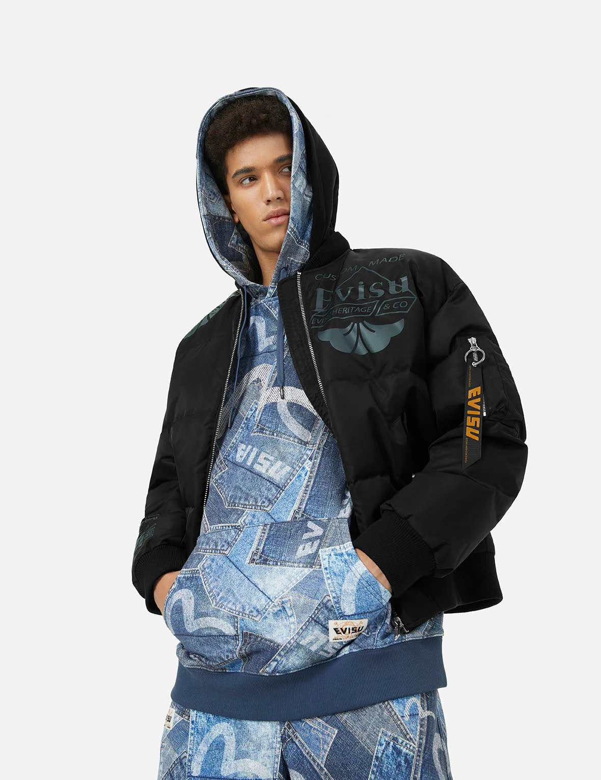 Logo and Kamon Print Loose Fit Bomber Down Jacket - Image 5