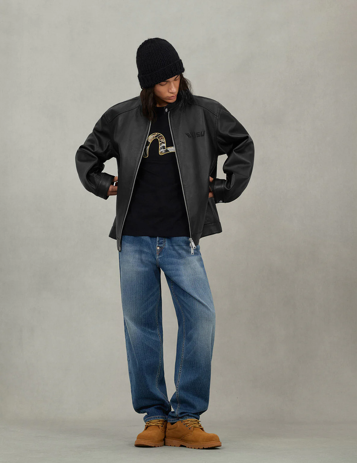 Logo and Seagull Embroidery Regular Fit Leather Jacket - Image 5