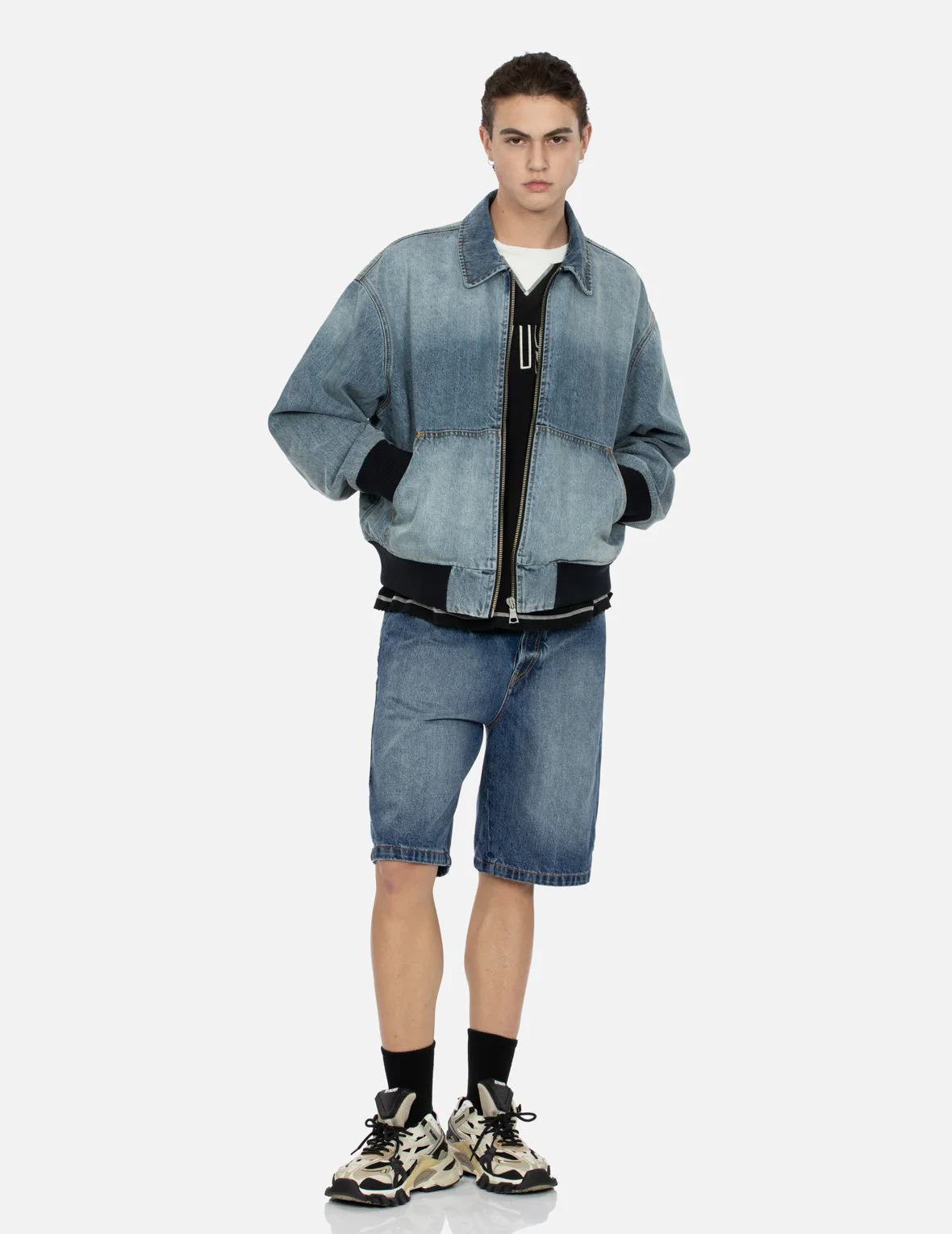 Logo Appliqué Embroidery Oversized Denim Bomber Jacket - Image 6
