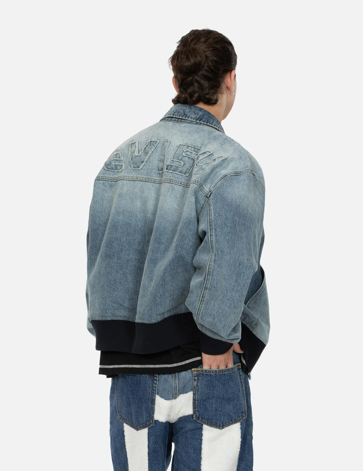 Logo Appliqué Embroidery Oversized Denim Bomber Jacket - Image 7