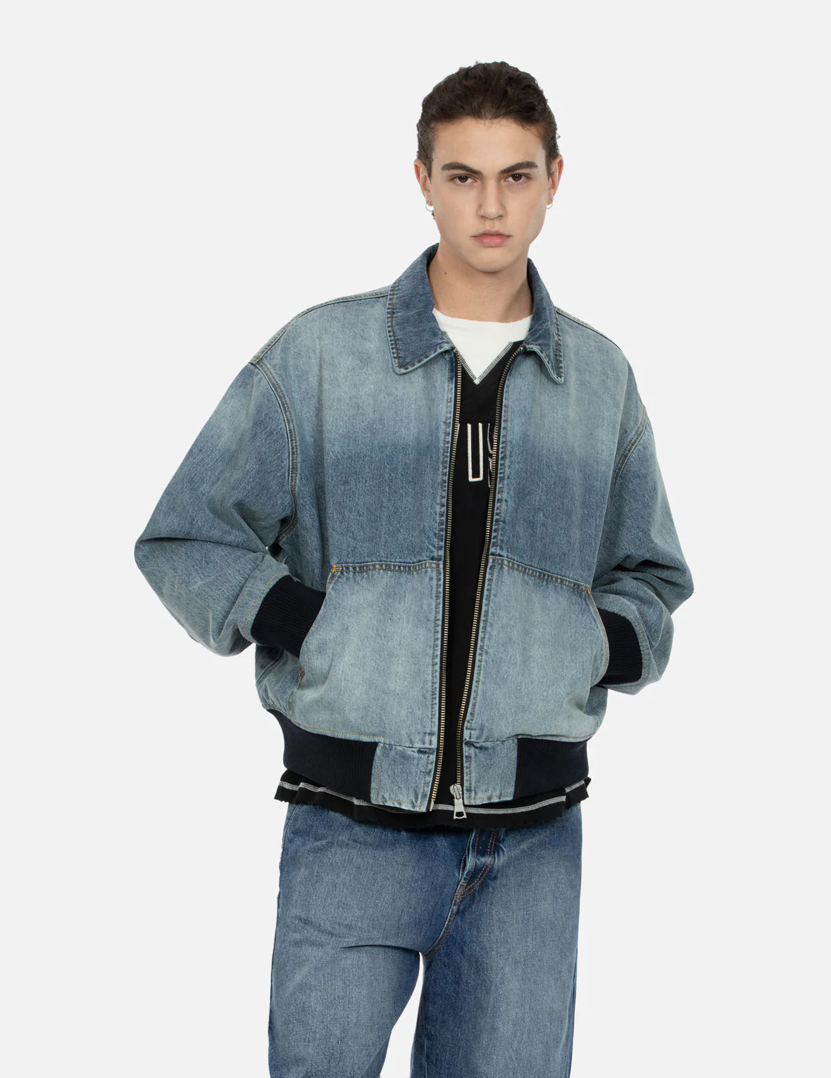 Logo Appliqué Embroidery Oversized Denim Bomber Jacket - Image 8