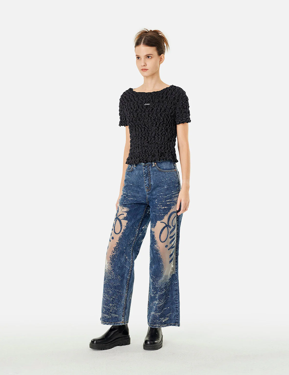 Logo Metal Trim Cropped Textured Denim Top - Image 3