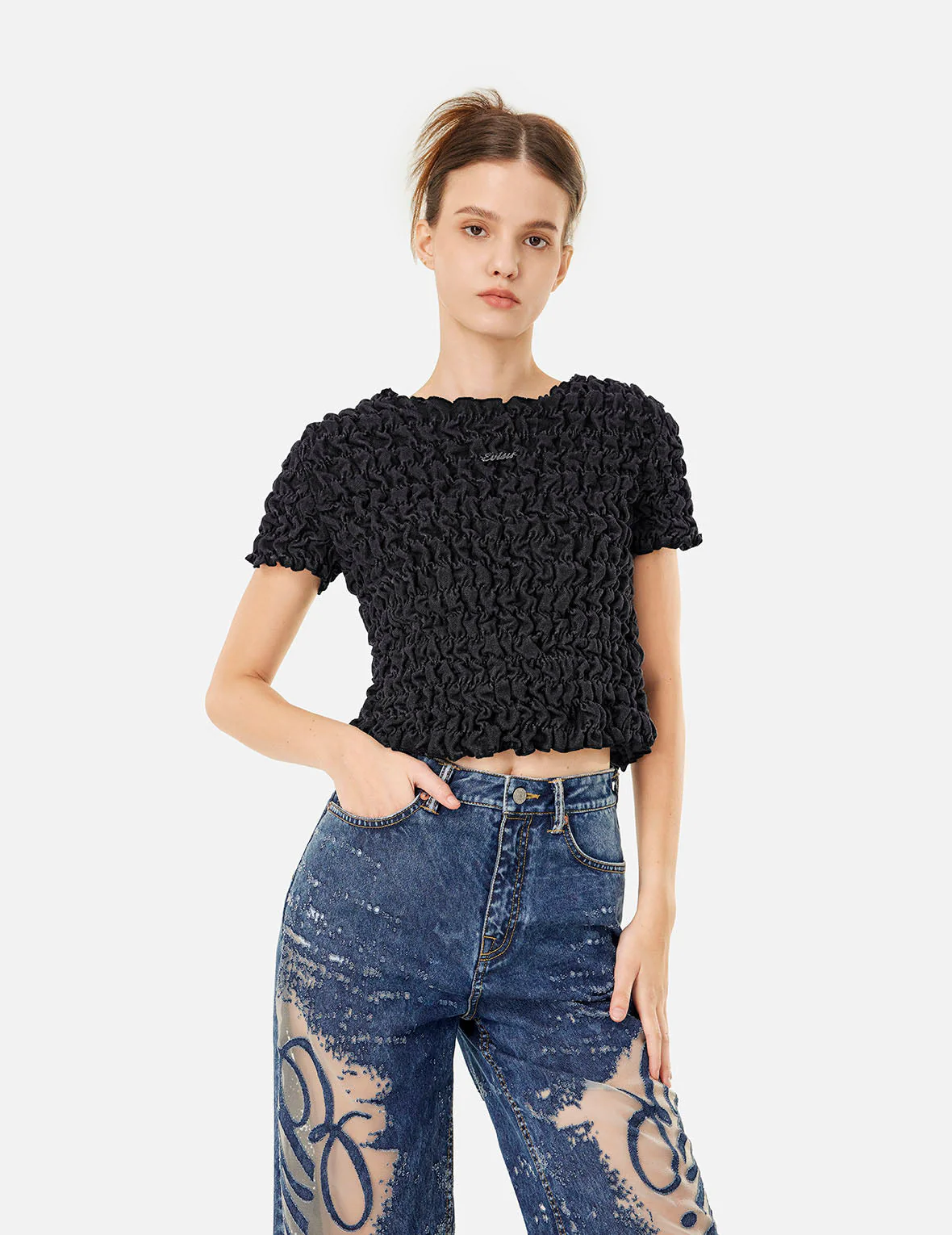 Logo Metal Trim Cropped Textured Denim Top - Image 5