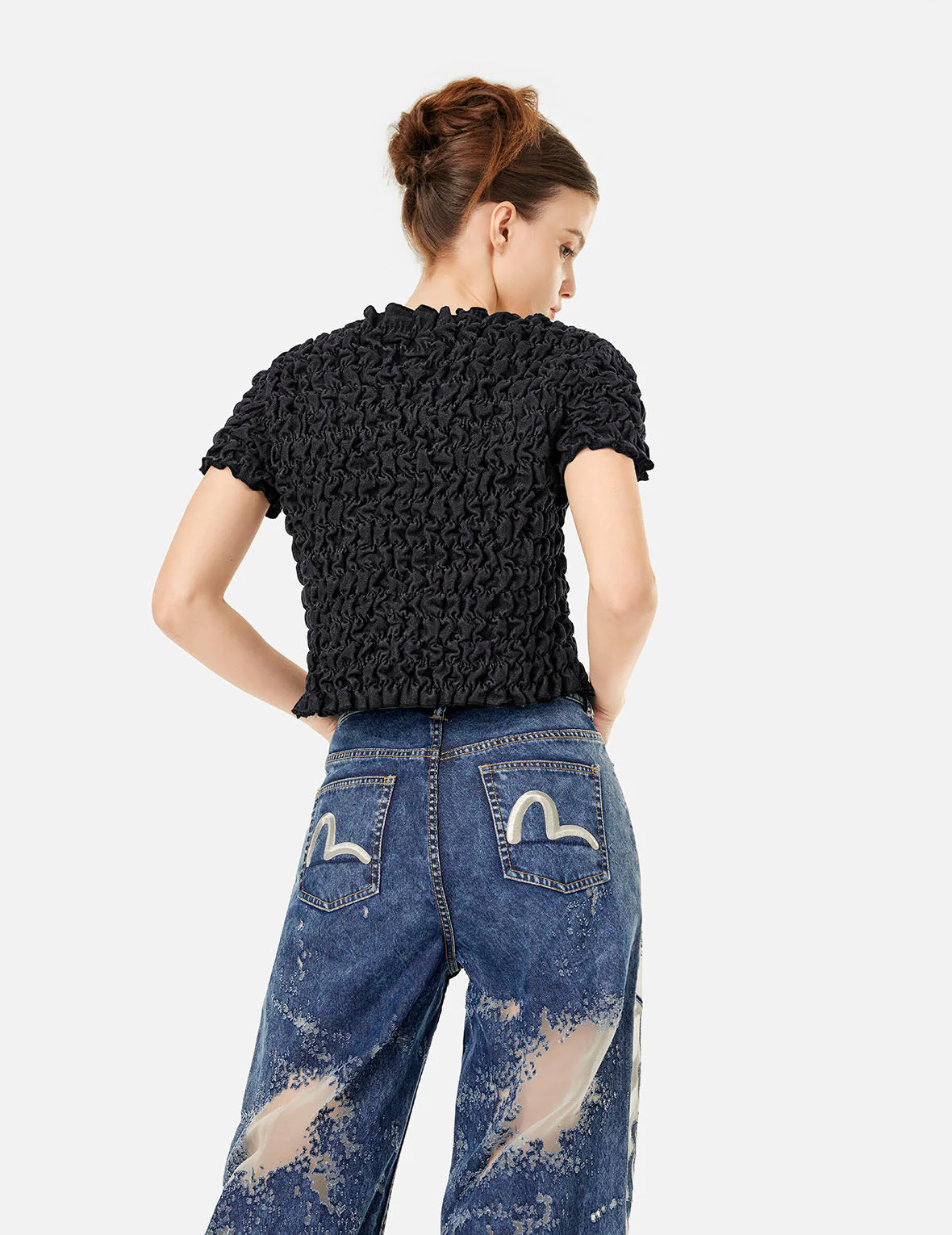 Logo Metal Trim Cropped Textured Denim Top - Image 6