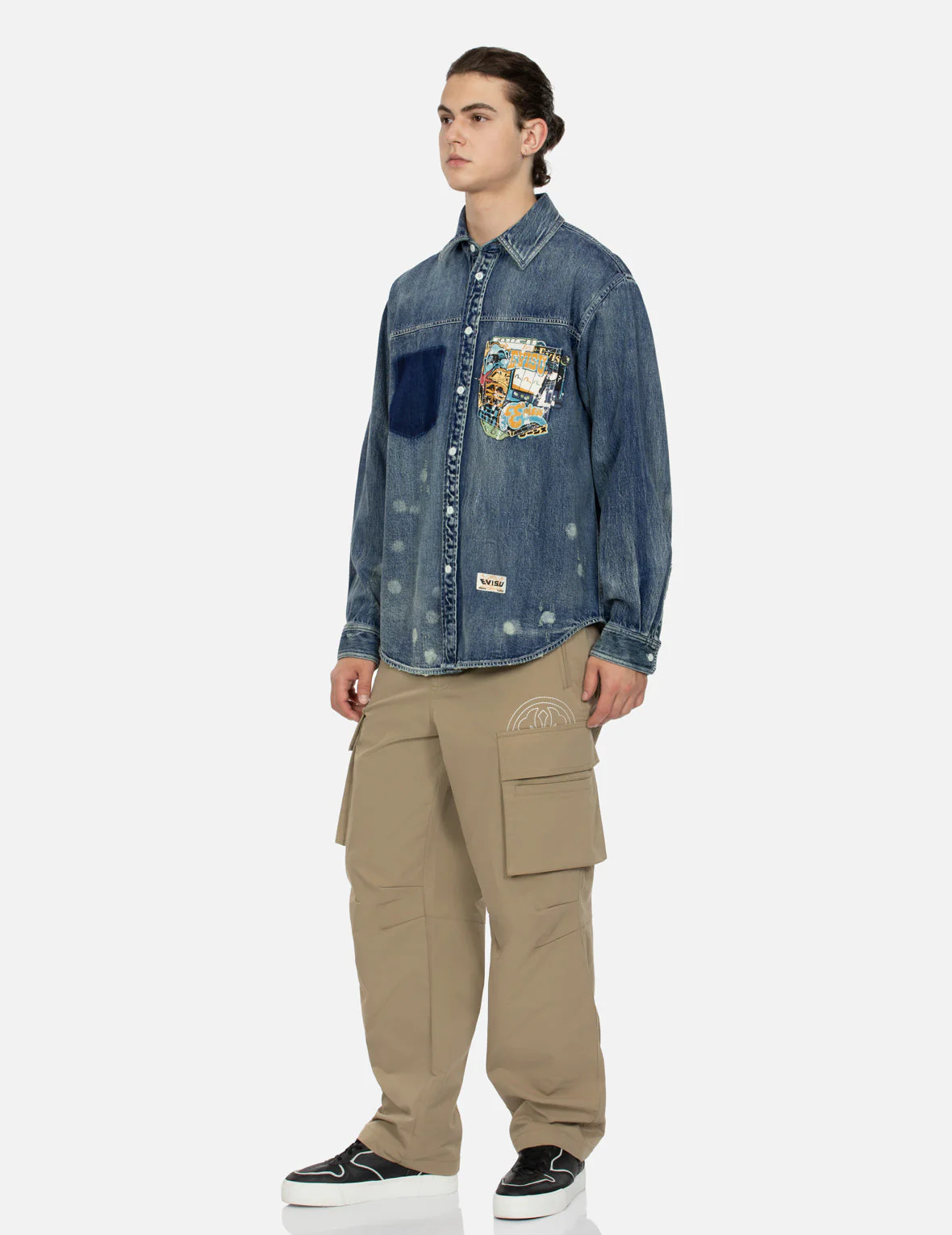 Lucky Slot Machine and Daruma Print Relax Fit Denim Shirt - Image 3