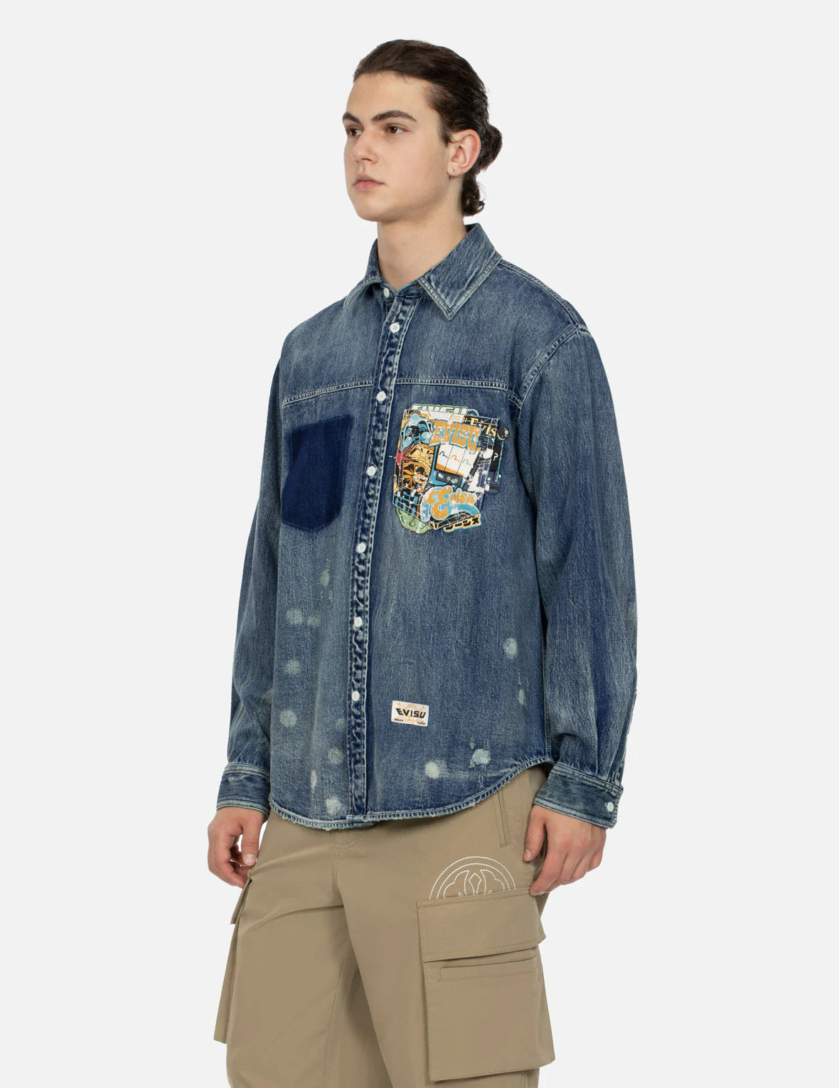 Lucky Slot Machine and Daruma Print Relax Fit Denim Shirt - Image 5