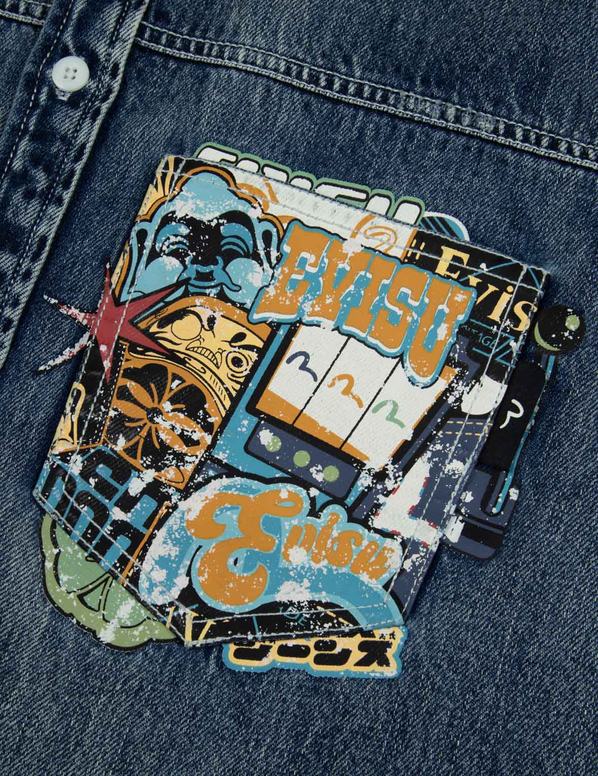 Lucky Slot Machine and Daruma Print Relax Fit Denim Shirt - Image 9