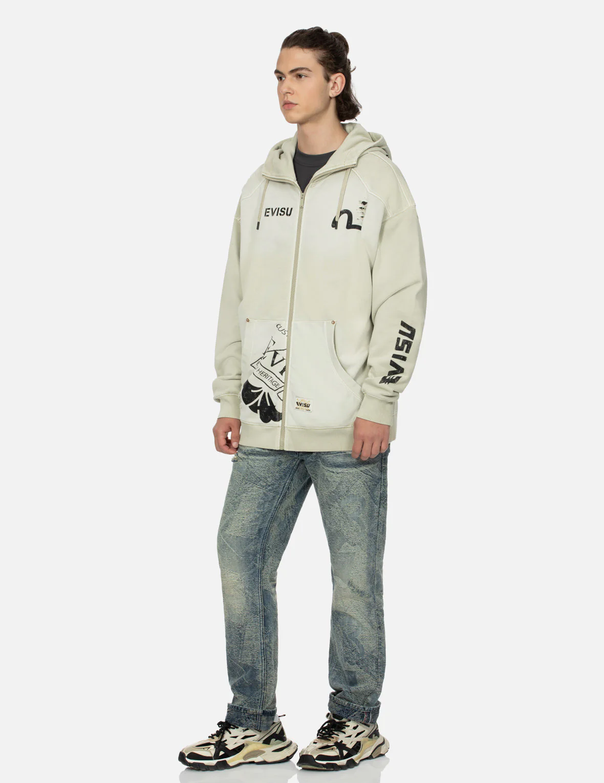 Multi Logos Print Loose Fit Washed Zip-Up Hoodie - Image 14