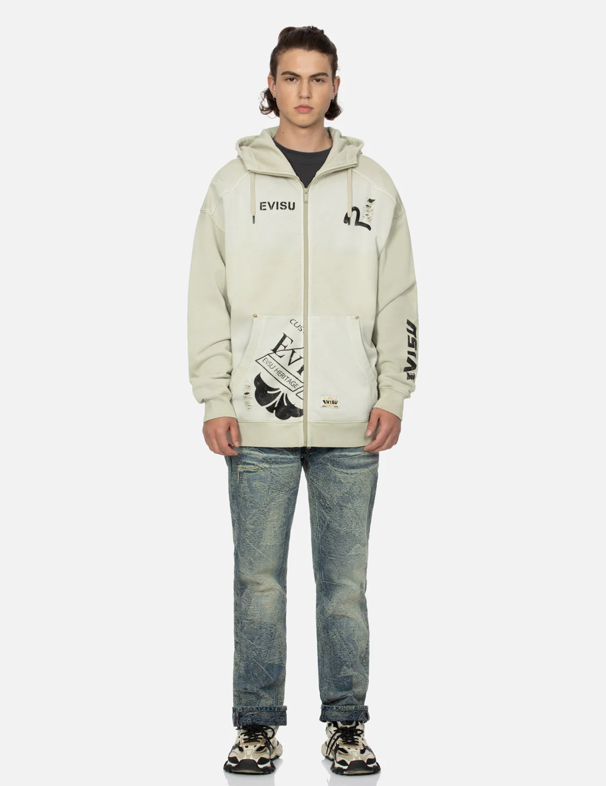 Multi Logos Print Loose Fit Washed Zip-Up Hoodie - Image 16
