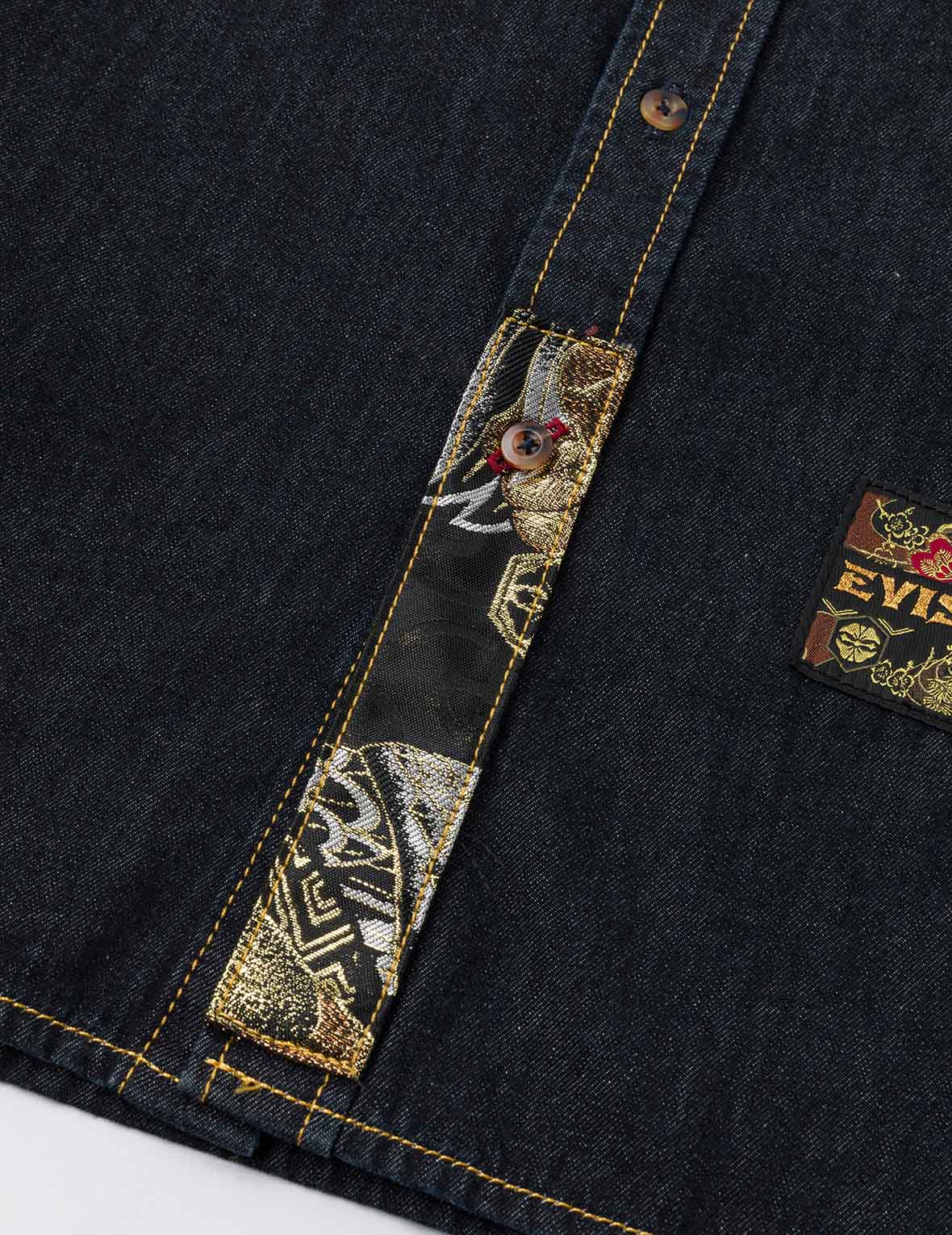 Multi-pocket and Barcode Seagull Embroidery Regular Fit Denim Shirt - Image 11