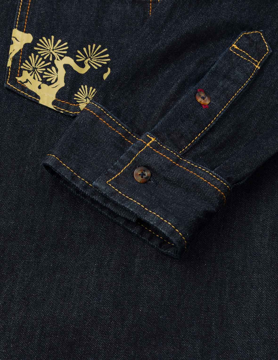 Multi-pocket and Barcode Seagull Embroidery Regular Fit Denim Shirt - Image 12