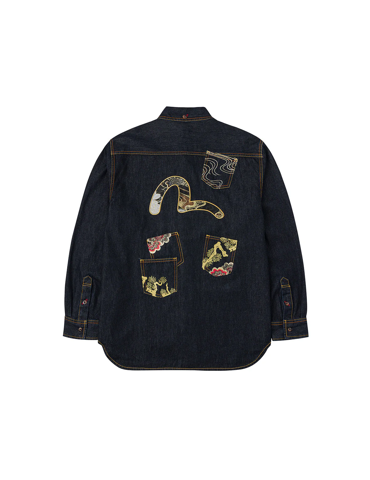 Multi-pocket and Barcode Seagull Embroidery Regular Fit Denim Shirt - Image 13