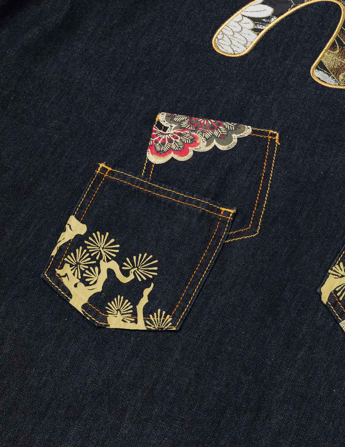 Multi-pocket and Barcode Seagull Embroidery Regular Fit Denim Shirt - Image 6