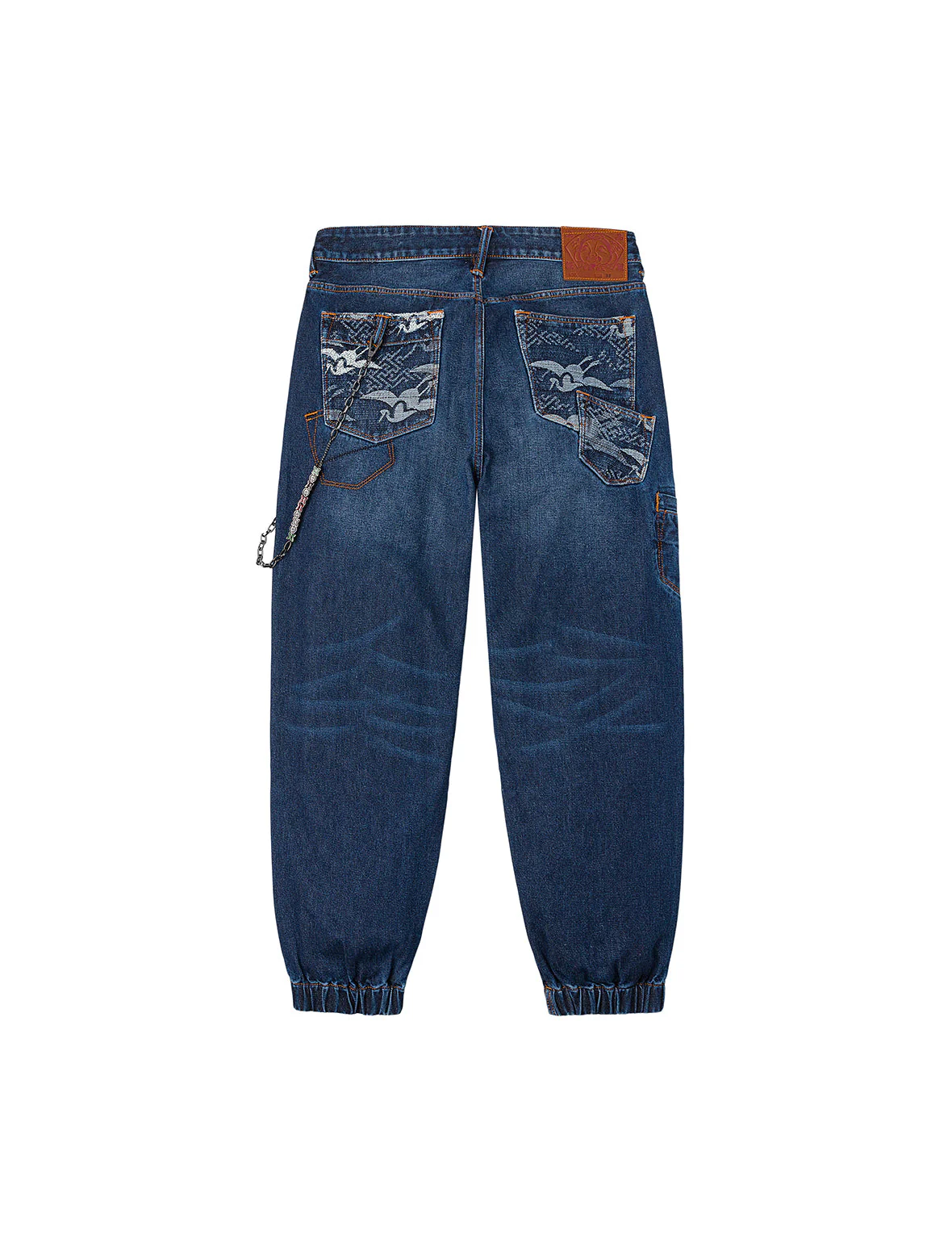 Multi-pocket and Seagull Crane Print Loose Fit Washed Denim Joggers - Image 14