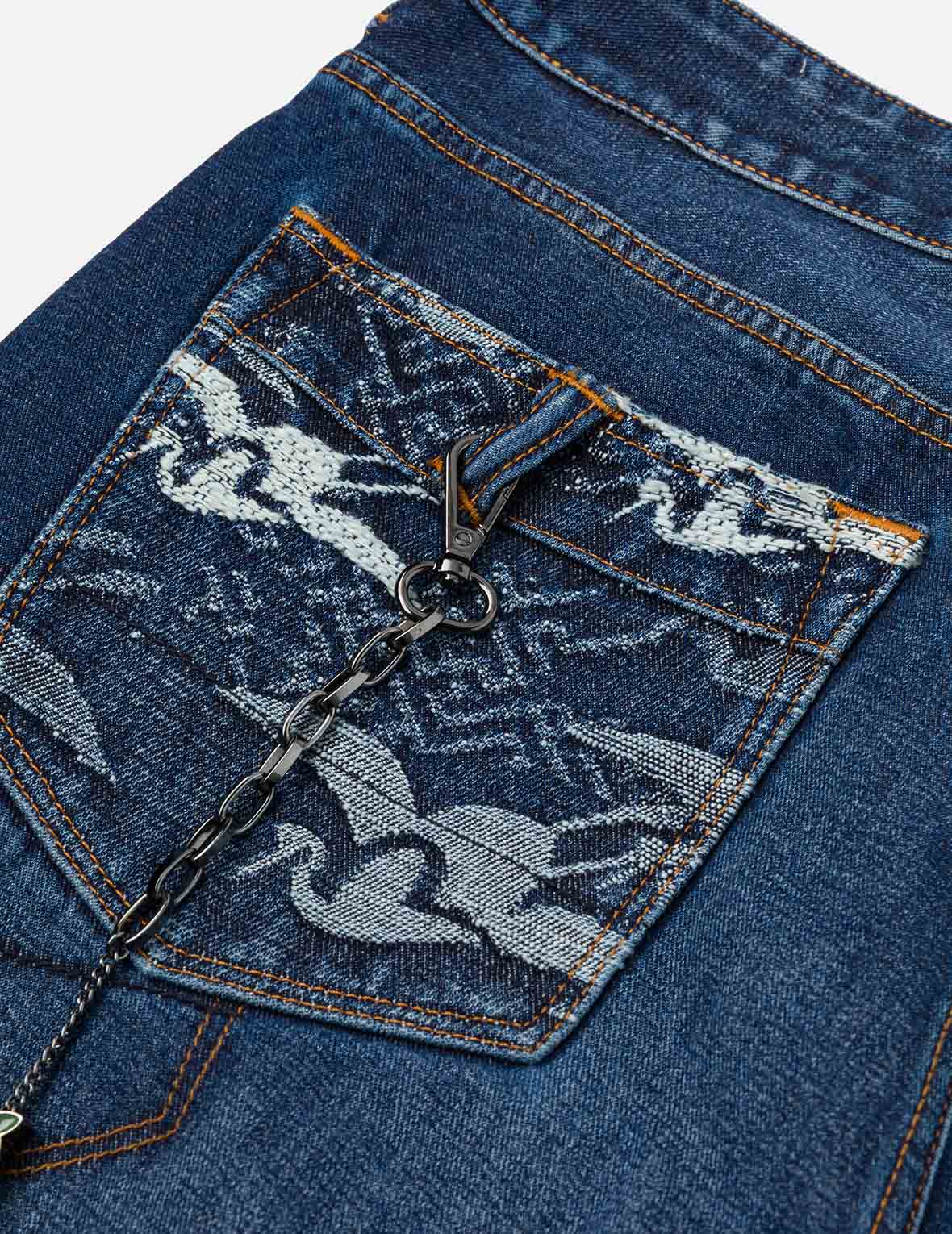 Multi-pocket and Seagull Crane Print Loose Fit Washed Denim Joggers - Image 5