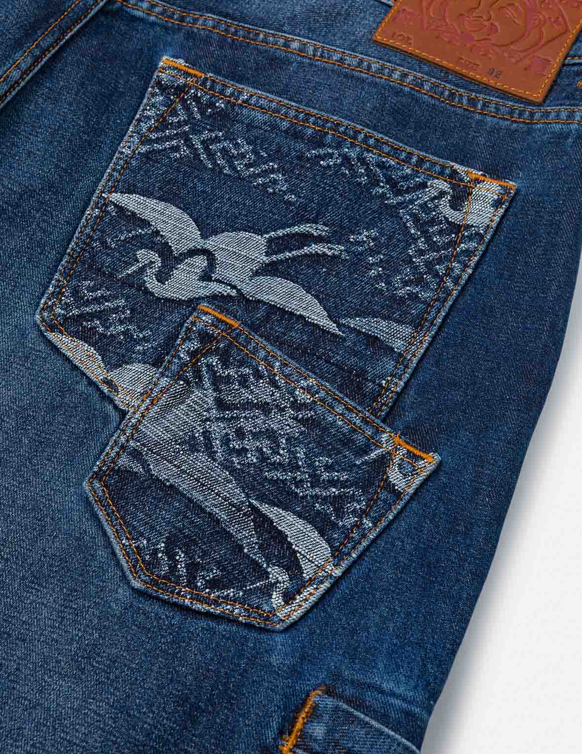 Multi-pocket and Seagull Crane Print Loose Fit Washed Denim Joggers - Image 6